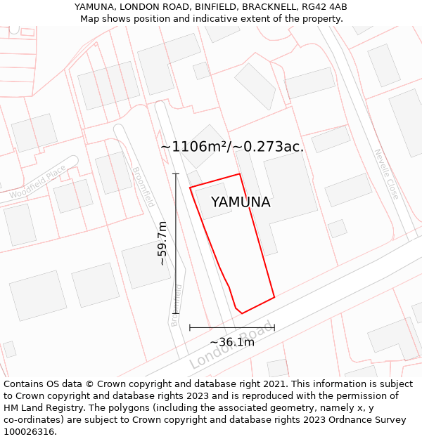 YAMUNA, LONDON ROAD, BINFIELD, BRACKNELL, RG42 4AB: Plot and title map