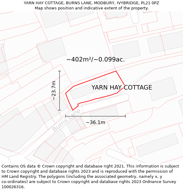 YARN HAY COTTAGE, BURNS LANE, MODBURY, IVYBRIDGE, PL21 0PZ: Plot and title map