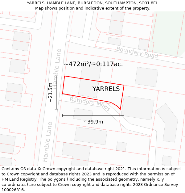 YARRELS, HAMBLE LANE, BURSLEDON, SOUTHAMPTON, SO31 8EL: Plot and title map