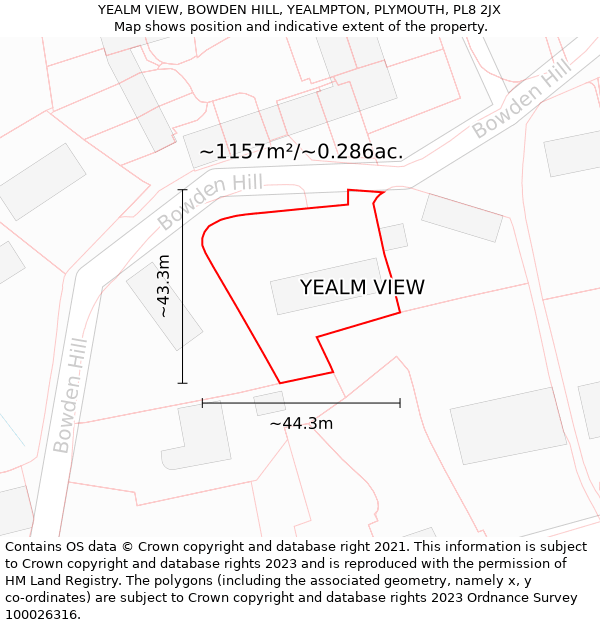 YEALM VIEW, BOWDEN HILL, YEALMPTON, PLYMOUTH, PL8 2JX: Plot and title map