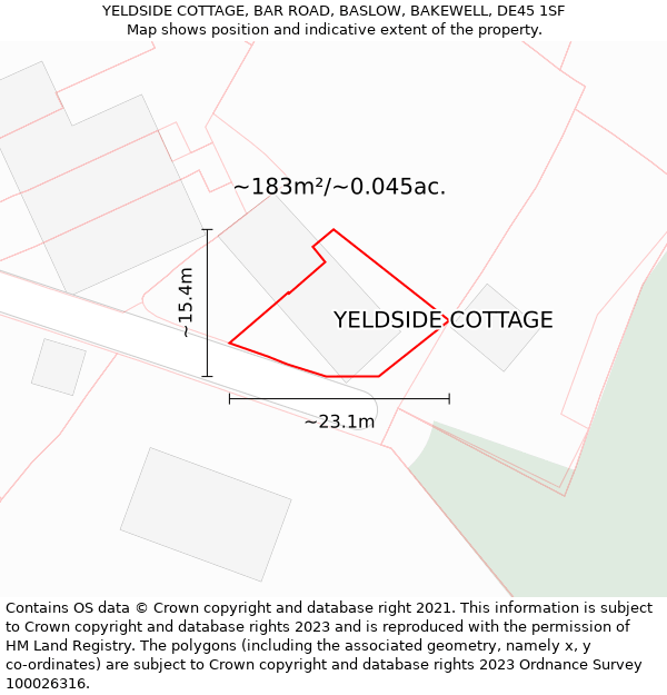 YELDSIDE COTTAGE, BAR ROAD, BASLOW, BAKEWELL, DE45 1SF: Plot and title map
