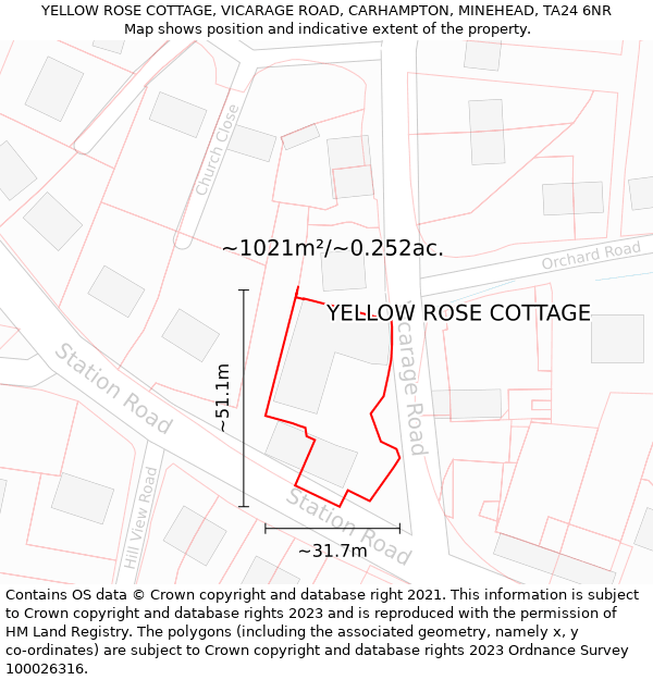 YELLOW ROSE COTTAGE, VICARAGE ROAD, CARHAMPTON, MINEHEAD, TA24 6NR: Plot and title map