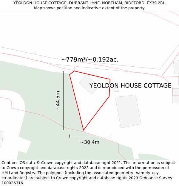 YEOLDON HOUSE COTTAGE, DURRANT LANE, NORTHAM, BIDEFORD, EX39 2RL: Plot and title map