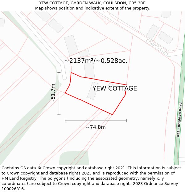 YEW COTTAGE, GARDEN WALK, COULSDON, CR5 3RE: Plot and title map