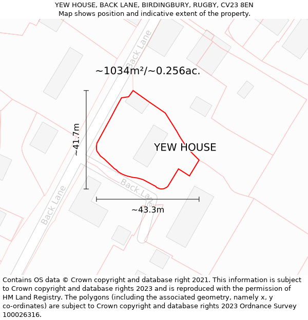 YEW HOUSE, BACK LANE, BIRDINGBURY, RUGBY, CV23 8EN: Plot and title map