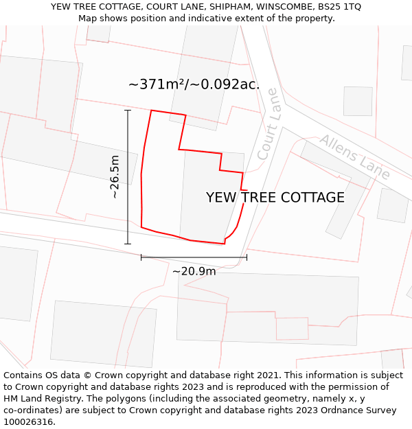 YEW TREE COTTAGE, COURT LANE, SHIPHAM, WINSCOMBE, BS25 1TQ: Plot and title map