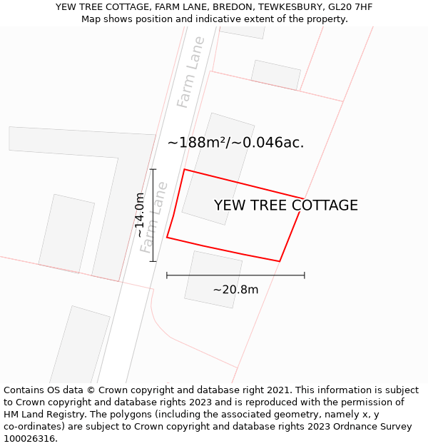 YEW TREE COTTAGE, FARM LANE, BREDON, TEWKESBURY, GL20 7HF: Plot and title map