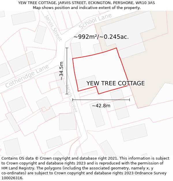 YEW TREE COTTAGE, JARVIS STREET, ECKINGTON, PERSHORE, WR10 3AS: Plot and title map