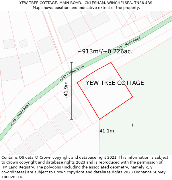 YEW TREE COTTAGE, MAIN ROAD, ICKLESHAM, WINCHELSEA, TN36 4BS: Plot and title map