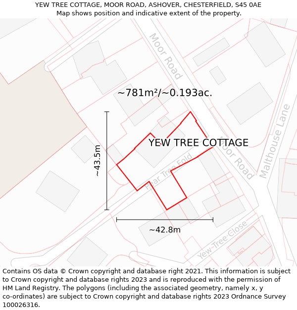 YEW TREE COTTAGE, MOOR ROAD, ASHOVER, CHESTERFIELD, S45 0AE: Plot and title map