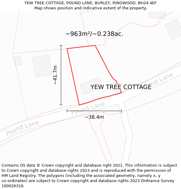 YEW TREE COTTAGE, POUND LANE, BURLEY, RINGWOOD, BH24 4EF: Plot and title map