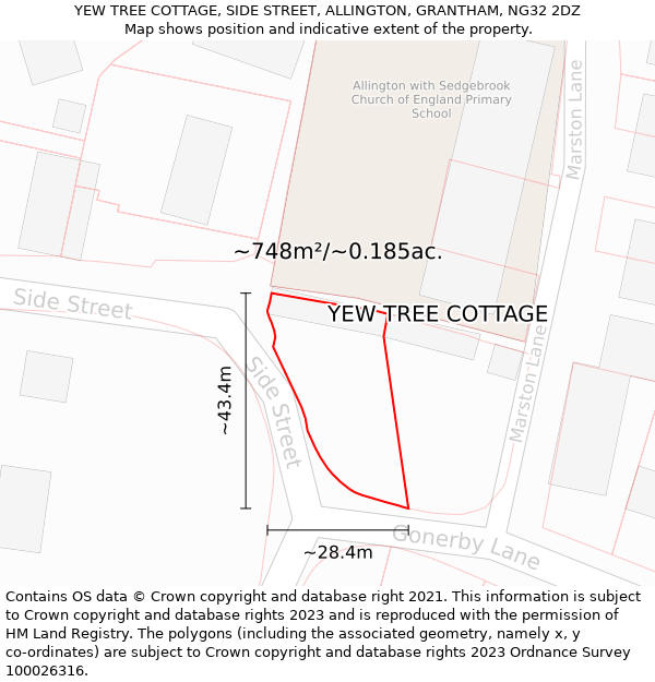 YEW TREE COTTAGE, SIDE STREET, ALLINGTON, GRANTHAM, NG32 2DZ: Plot and title map