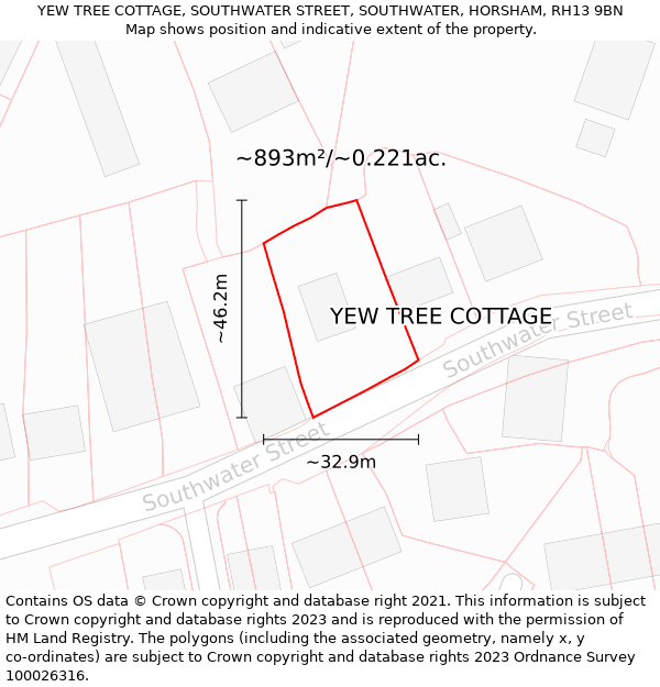 YEW TREE COTTAGE, SOUTHWATER STREET, SOUTHWATER, HORSHAM, RH13 9BN: Plot and title map