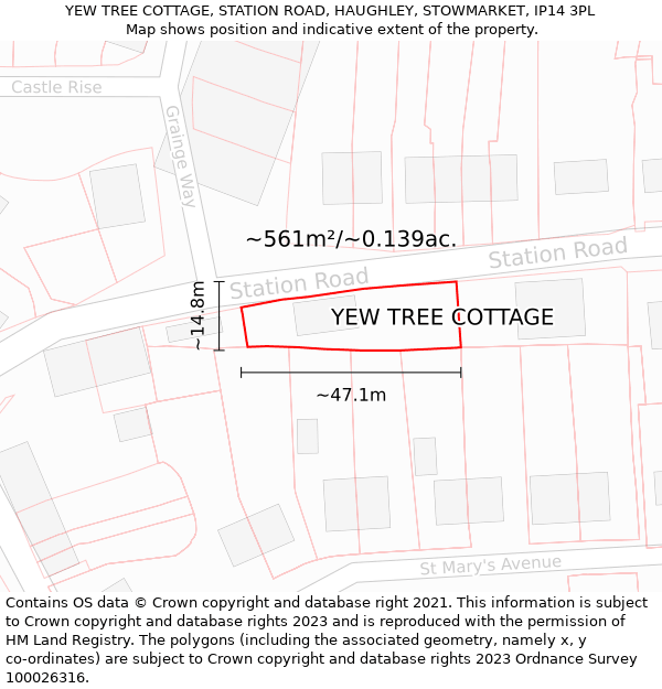 YEW TREE COTTAGE, STATION ROAD, HAUGHLEY, STOWMARKET, IP14 3PL: Plot and title map