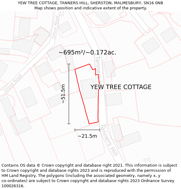 YEW TREE COTTAGE, TANNERS HILL, SHERSTON, MALMESBURY, SN16 0NB: Plot and title map