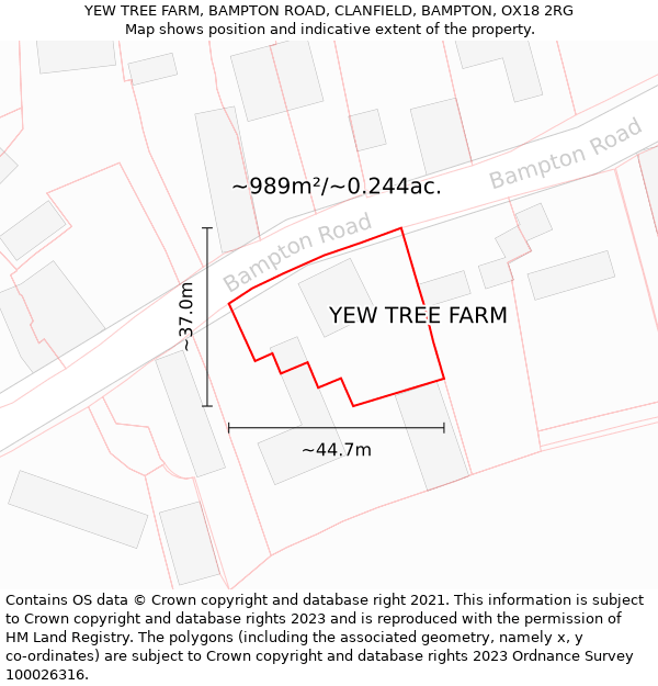 YEW TREE FARM, BAMPTON ROAD, CLANFIELD, BAMPTON, OX18 2RG: Plot and title map