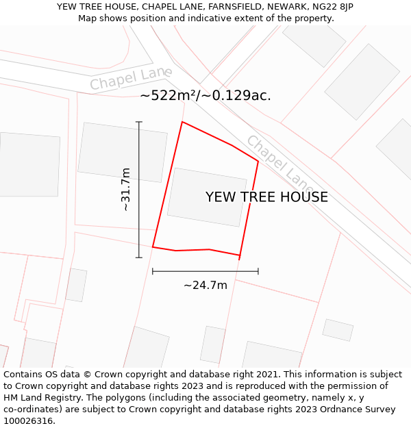 YEW TREE HOUSE, CHAPEL LANE, FARNSFIELD, NEWARK, NG22 8JP: Plot and title map