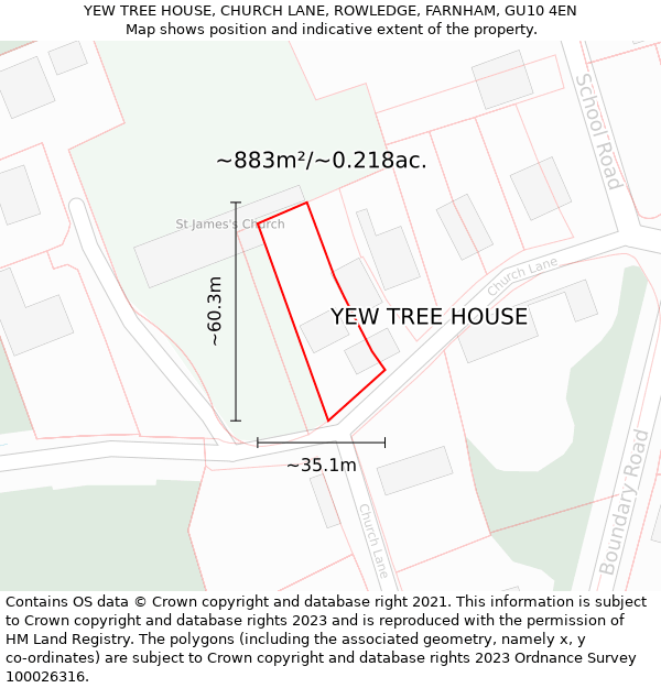 YEW TREE HOUSE, CHURCH LANE, ROWLEDGE, FARNHAM, GU10 4EN: Plot and title map