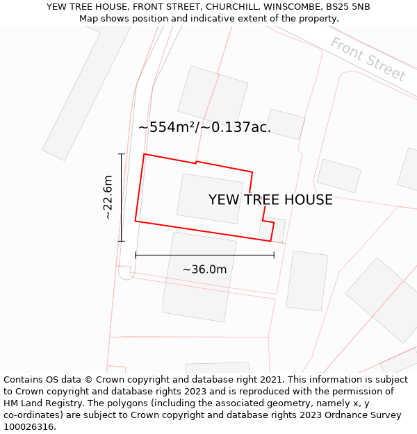 YEW TREE HOUSE, FRONT STREET, CHURCHILL, WINSCOMBE, BS25 5NB: Plot and title map