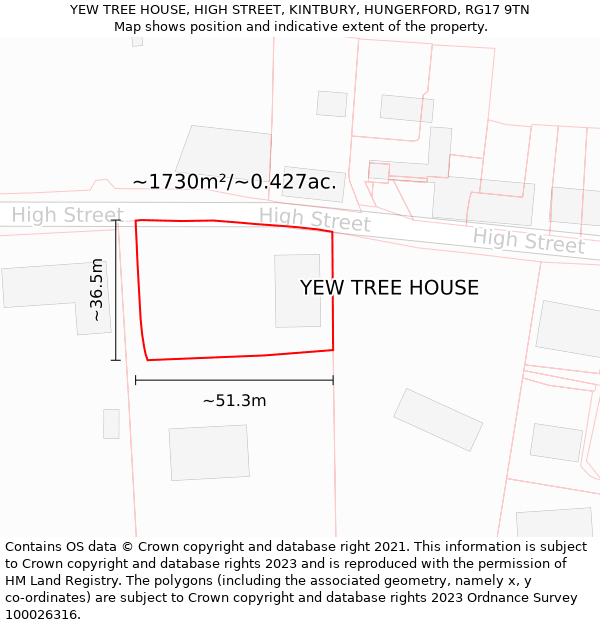 YEW TREE HOUSE, HIGH STREET, KINTBURY, HUNGERFORD, RG17 9TN: Plot and title map