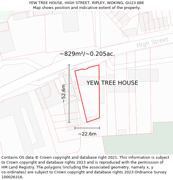 YEW TREE HOUSE, HIGH STREET, RIPLEY, WOKING, GU23 6BE: Plot and title map