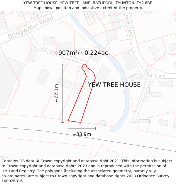 YEW TREE HOUSE, YEW TREE LANE, BATHPOOL, TAUNTON, TA2 8BB: Plot and title map