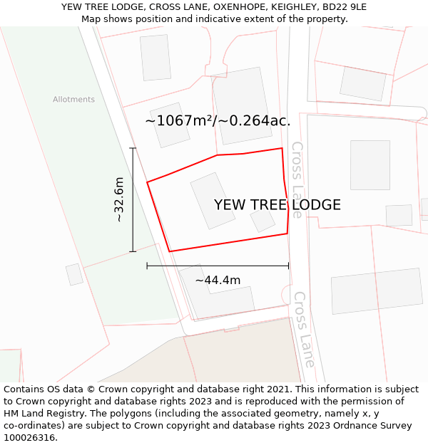 YEW TREE LODGE, CROSS LANE, OXENHOPE, KEIGHLEY, BD22 9LE: Plot and title map