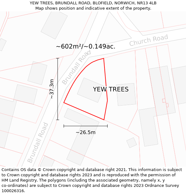 YEW TREES, BRUNDALL ROAD, BLOFIELD, NORWICH, NR13 4LB: Plot and title map