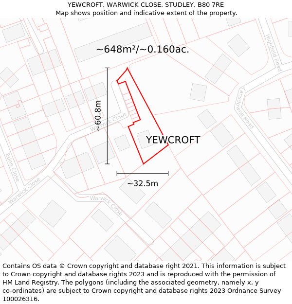 YEWCROFT, WARWICK CLOSE, STUDLEY, B80 7RE: Plot and title map