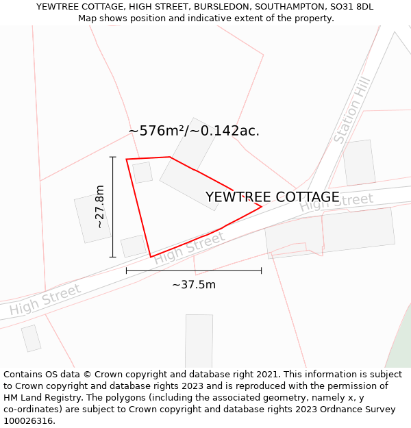 YEWTREE COTTAGE, HIGH STREET, BURSLEDON, SOUTHAMPTON, SO31 8DL: Plot and title map