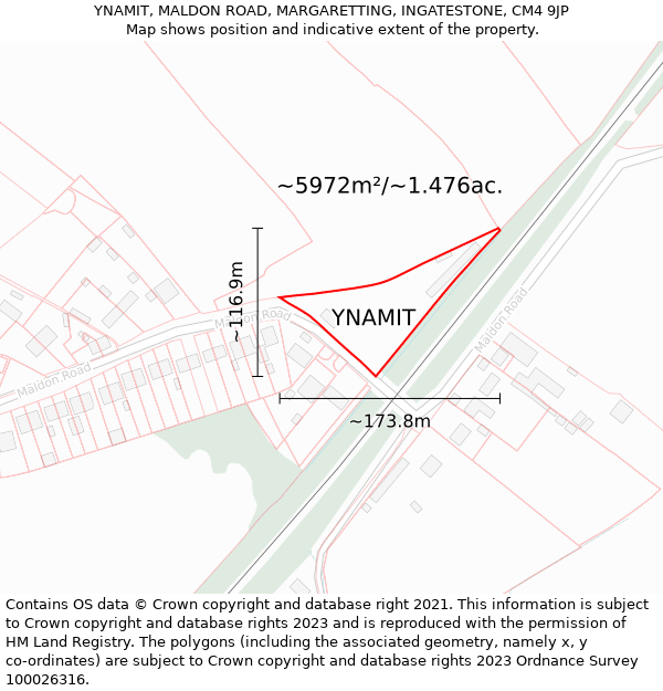 YNAMIT, MALDON ROAD, MARGARETTING, INGATESTONE, CM4 9JP: Plot and title map