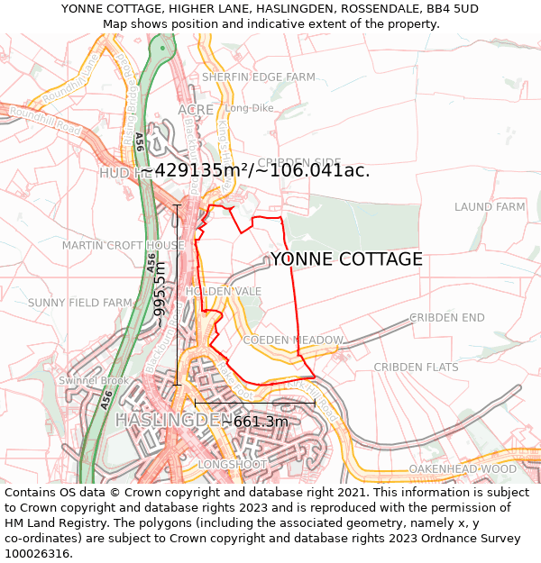 YONNE COTTAGE, HIGHER LANE, HASLINGDEN, ROSSENDALE, BB4 5UD: Plot and title map