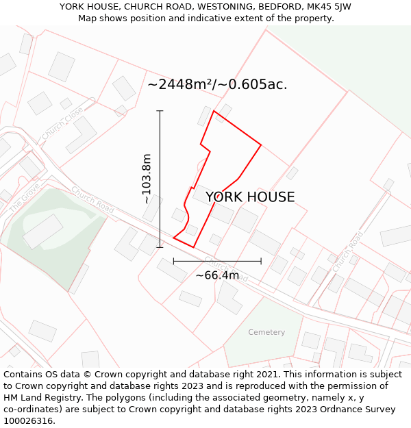 YORK HOUSE, CHURCH ROAD, WESTONING, BEDFORD, MK45 5JW: Plot and title map