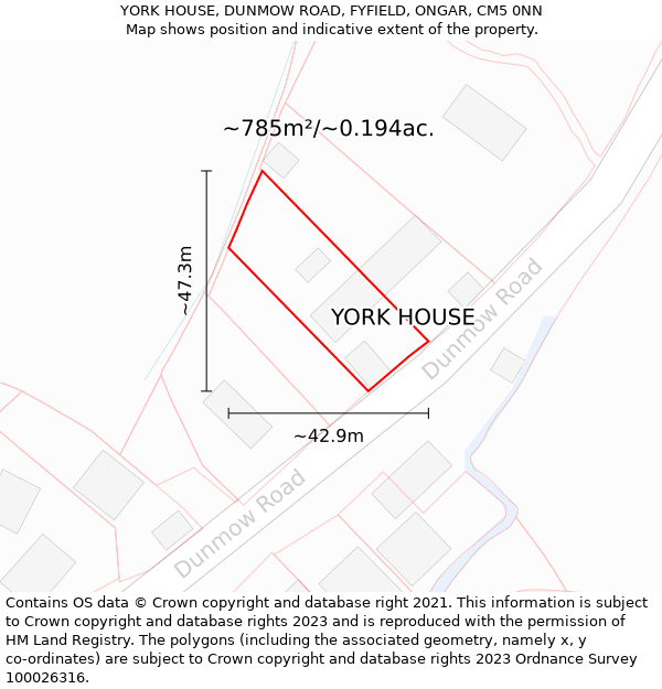 YORK HOUSE, DUNMOW ROAD, FYFIELD, ONGAR, CM5 0NN: Plot and title map