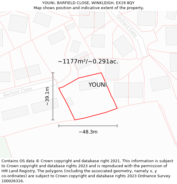 YOUNI, BARFIELD CLOSE, WINKLEIGH, EX19 8QY: Plot and title map