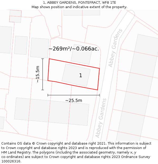 1, ABBEY GARDENS, PONTEFRACT, WF8 1TE: Plot and title map