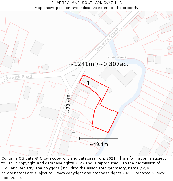 1, ABBEY LANE, SOUTHAM, CV47 1HR: Plot and title map