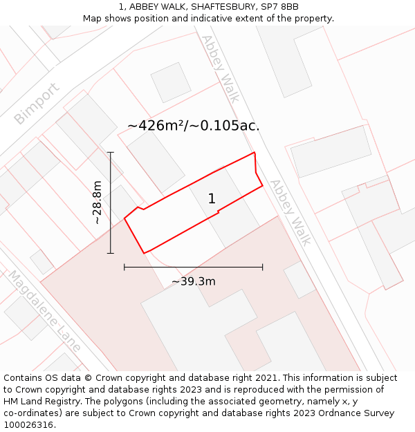 1, ABBEY WALK, SHAFTESBURY, SP7 8BB: Plot and title map