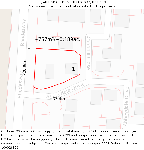 1, ABBEYDALE DRIVE, BRADFORD, BD8 0BS: Plot and title map