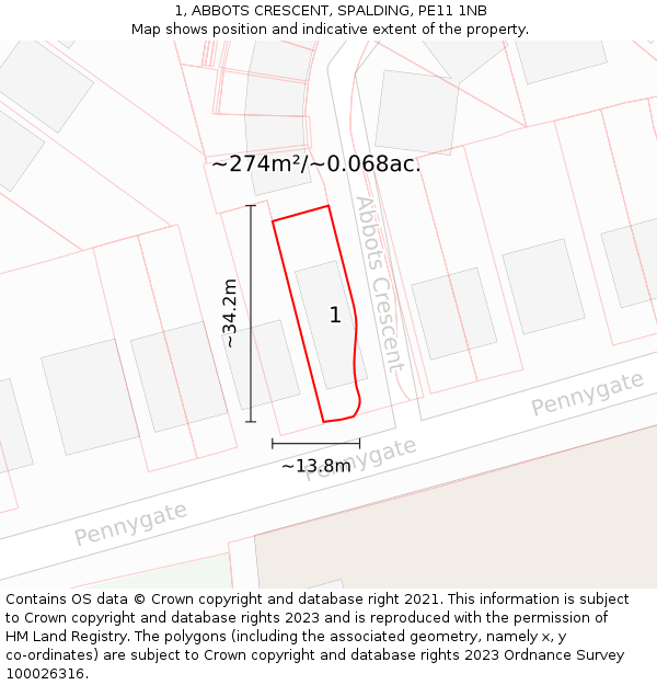 1, ABBOTS CRESCENT, SPALDING, PE11 1NB: Plot and title map