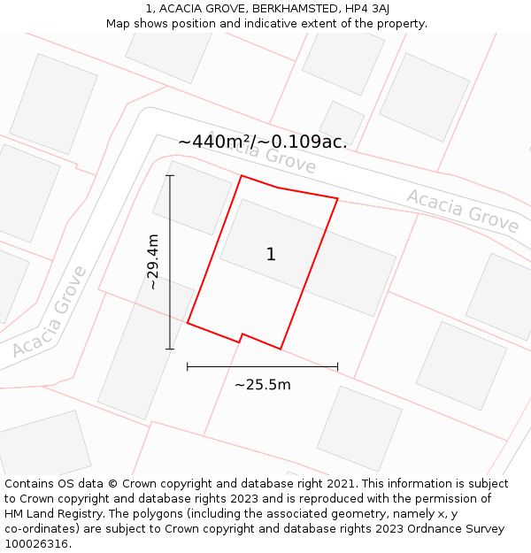 1, ACACIA GROVE, BERKHAMSTED, HP4 3AJ: Plot and title map