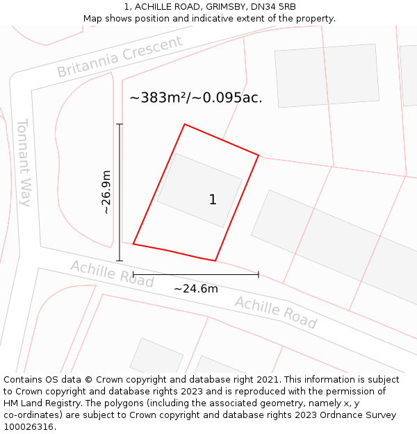 1, ACHILLE ROAD, GRIMSBY, DN34 5RB: Plot and title map