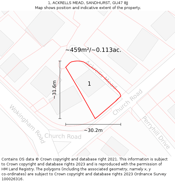 1, ACKRELLS MEAD, SANDHURST, GU47 8JJ: Plot and title map