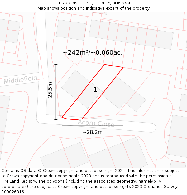 1, ACORN CLOSE, HORLEY, RH6 9XN: Plot and title map