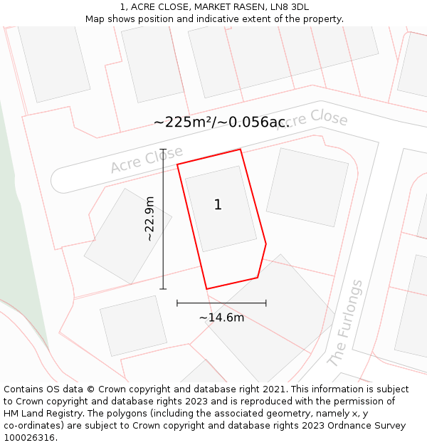 1, ACRE CLOSE, MARKET RASEN, LN8 3DL: Plot and title map