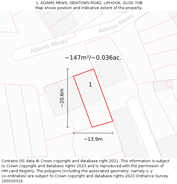 1, ADAMS MEWS, NEWTOWN ROAD, LIPHOOK, GU30 7HB: Plot and title map