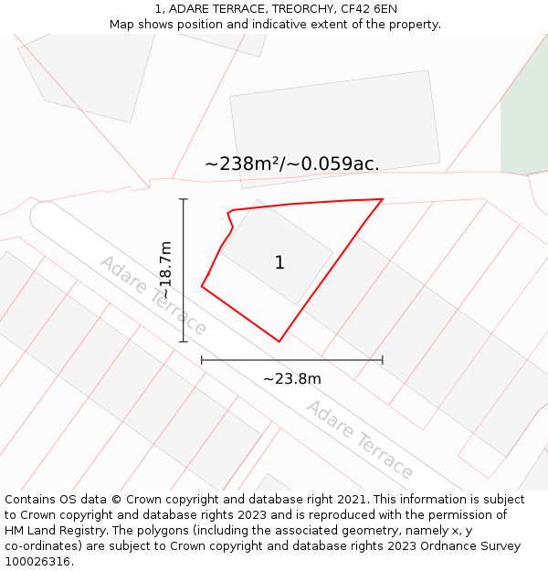 1, ADARE TERRACE, TREORCHY, CF42 6EN: Plot and title map