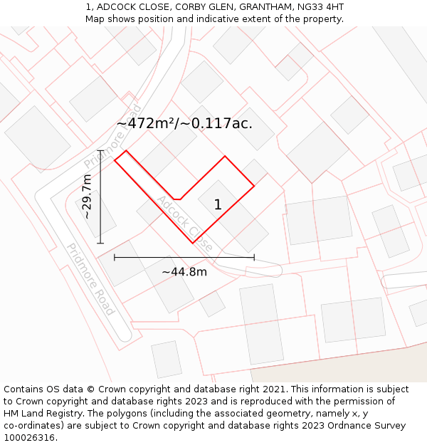 1, ADCOCK CLOSE, CORBY GLEN, GRANTHAM, NG33 4HT: Plot and title map