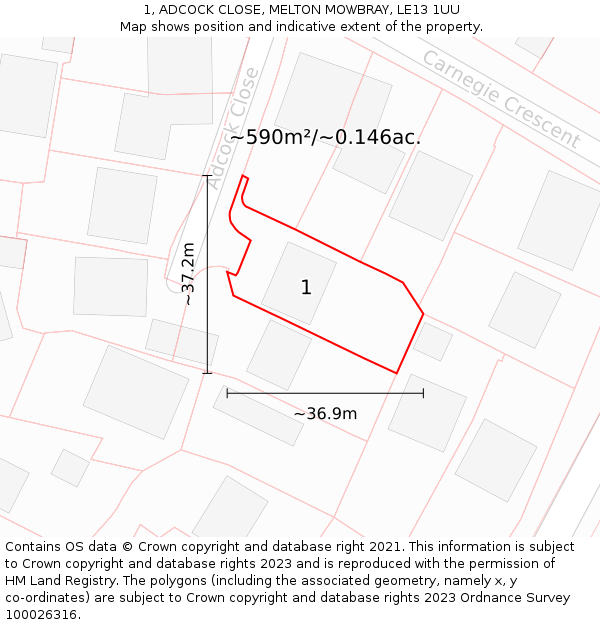 1, ADCOCK CLOSE, MELTON MOWBRAY, LE13 1UU: Plot and title map