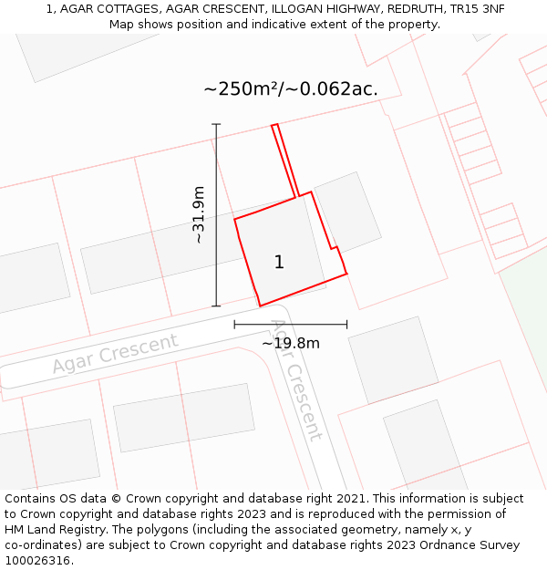 1, AGAR COTTAGES, AGAR CRESCENT, ILLOGAN HIGHWAY, REDRUTH, TR15 3NF: Plot and title map